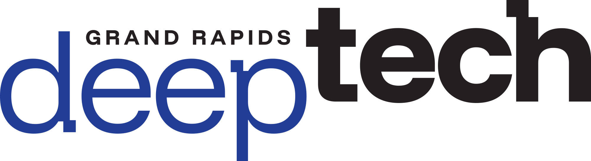 Logo for "Grand Rapids Deep Tech." The words "Grand Rapids" appear in small black uppercase letters above the larger word "deep" in bold blue lowercase letters, followed by "tech" in bold black lowercase letters.